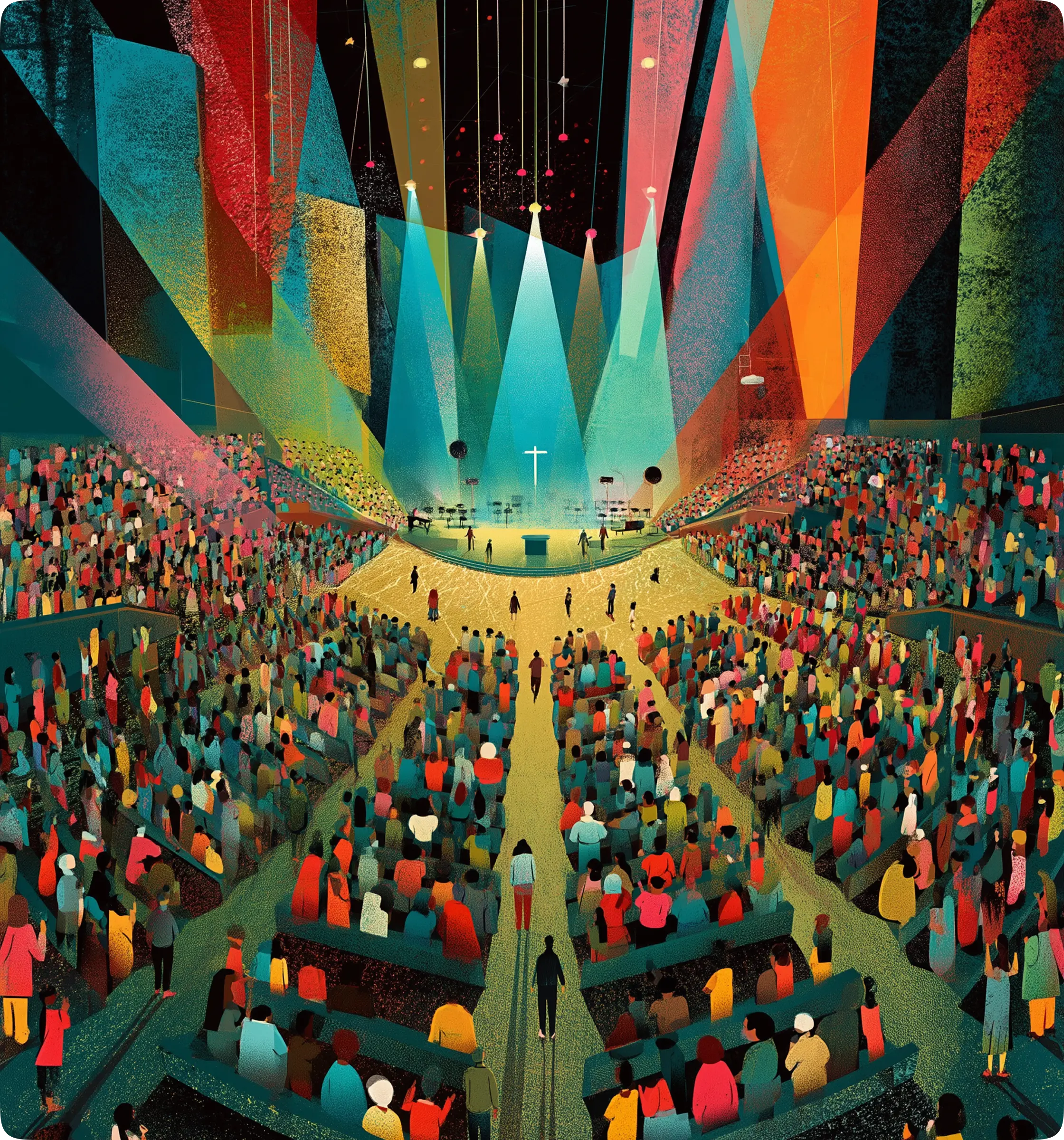A church gathering in a brightly lit arena